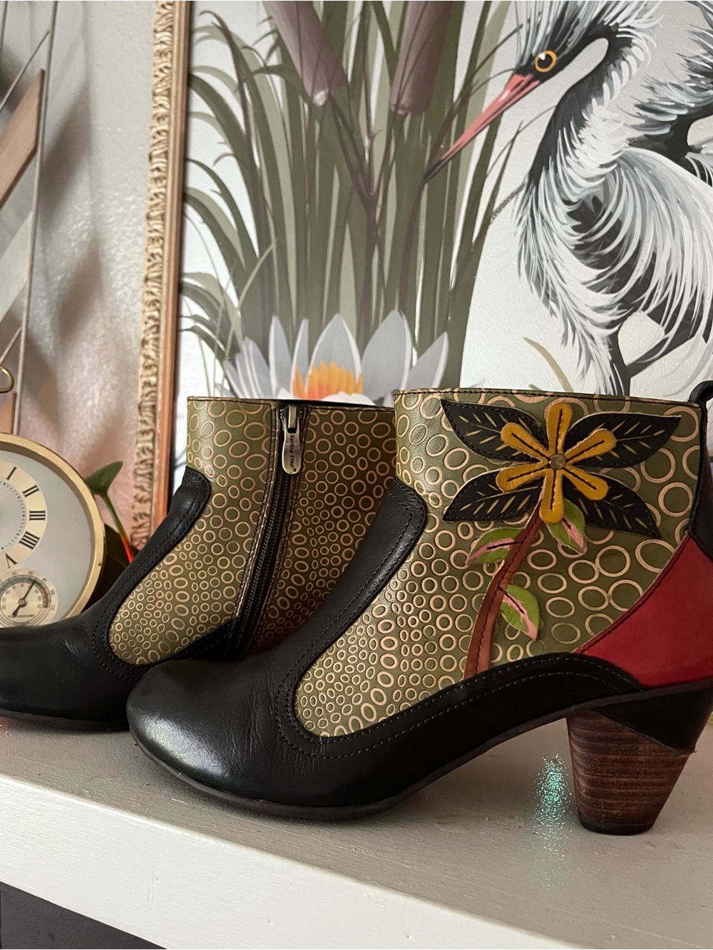 Floral Embroidered Olive & Black Ankle Booties